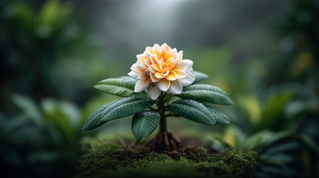 A close-up shot of a blooming yellow and white flower surrounded by vibrant green foliage
