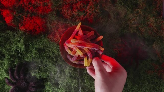 Hand covering Trick or Treat text with pile of gummy worms
