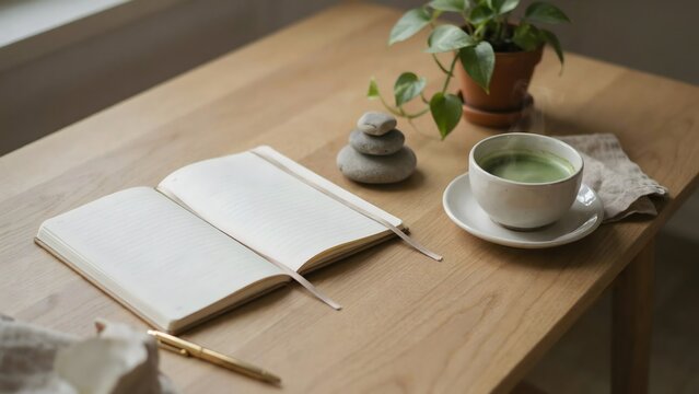 Minimalist desk setup with notebook matcha and potted plant &ndash; Ideal for calm work environment, mental wellness day, or home office lifestyle.