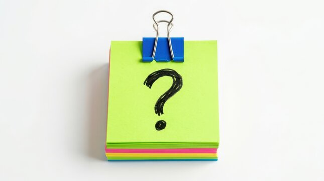 A stack of colorful sticky notes with a question mark drawn on the top sheet, held together by a blue binder clip, isolated on white background