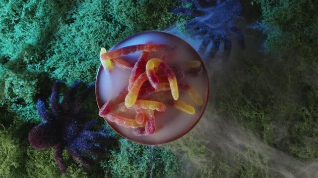 Hand placing smoking dry ice candy plate on foggy moss
