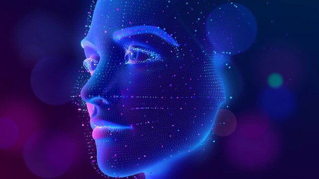 Futuristic glowing human face made of neon blue and purple digital dots technology background