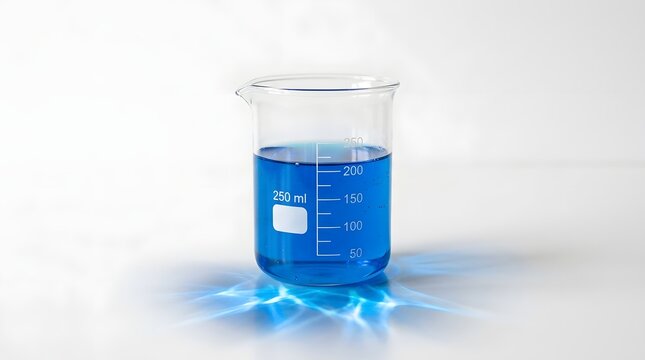 Clear laboratory glass beaker containing vibrant blue chemical liquid solution featuring measurement markings with bright refractive light patterns on surface
