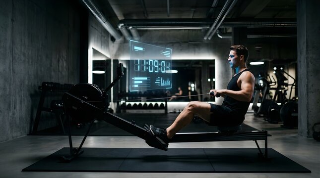 Fit man using a rowing machine with digital holographic data in a gym