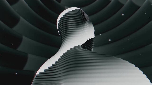 4K Seamless vj loop of abstract human bust formed by concentric horizontal tubes. Digital futuristic artificial intelligence sculpture surrounded by abstract science background.