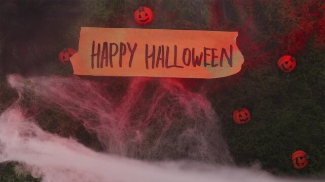 Happy Halloween sign in flashing lightning and red fog background