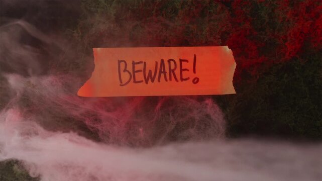 Red glowing Beware sign on foggy spiderweb moss