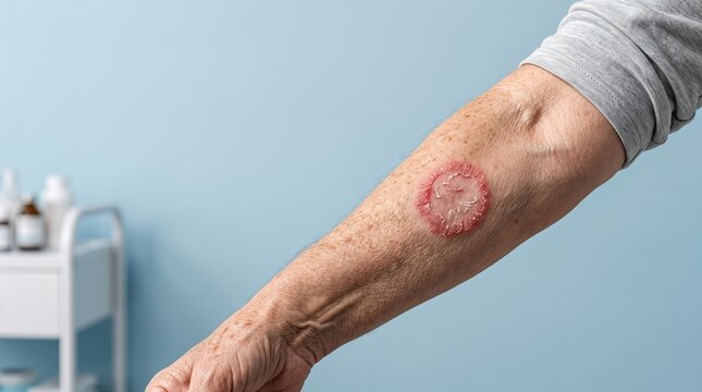 Close up of senior arm with red circular skin rash infection showing fungal tinea corporis ringworm or eczema
