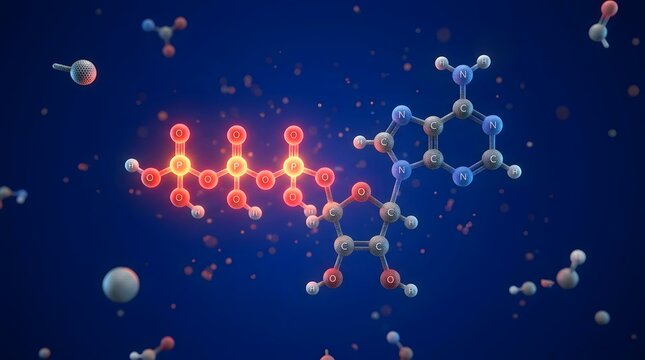 Adenosine triphosphate molecule glowing with vibrant red and blue neon lights displayed in a dark three dimensional scientific digital render