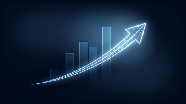 Glowing financial arrow chart rising against a dark blue background
