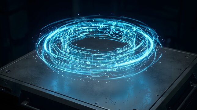 Glowing blue holographic data interface circles rotate rapidly above metallic surface displaying complex binary code and futuristic digital information graphics