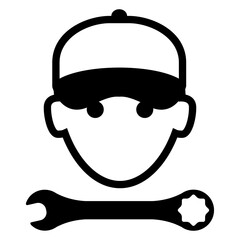 Logo servicio técnico. Icono aislado de manitas con el dibujo sencillo de la cabeza de un hombre con gorra de béisbol y herramienta llave © teracreonte