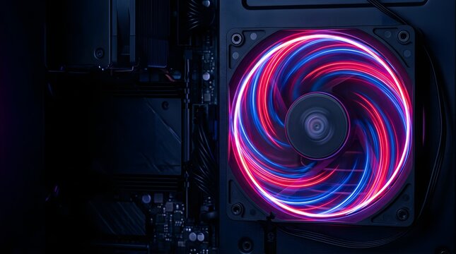 Glowing neon cooling fan spinning inside a modern desktop computer case