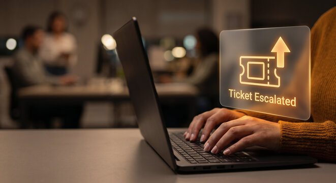 Support agent hand wearing headset on laptop with holographic AI ticket escalation routing interface, digital customer service workflow concept in support office