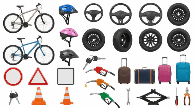 Set di icone vettoriali con biciclette caschi volanti pneumatici bagagli e accessori stradali.