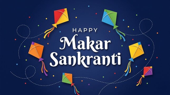 Happy makar sankranti typography with colorful flying kites on dark blue background paper cut vector art for festival greeting poster