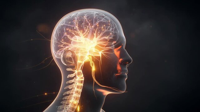Glowing human brain and spinal cord lighting up neural pathways showing brain activity and nerve signals