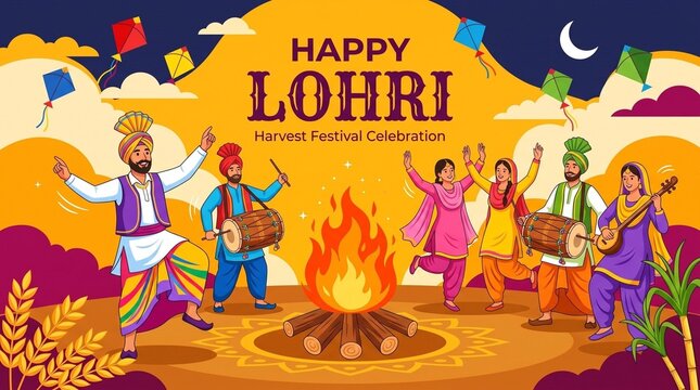 Lohri harvest festival celebration with Punjabi dancers bonfire dhol music kites and traditional culture for festive greeting designs