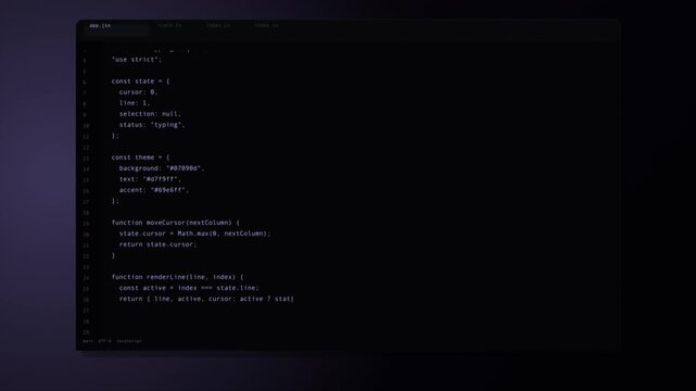 Animation of a dark-themed code editor window progressively displaying JavaScript code. Layered black background and white text tones enhance movement and depth.
