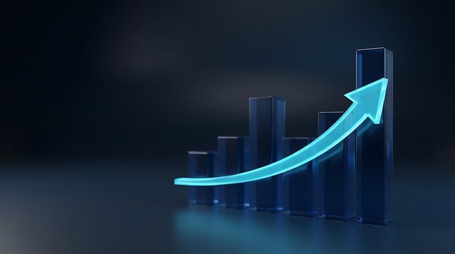 Glass bar chart showing financial growth with glowing blue neon arrow