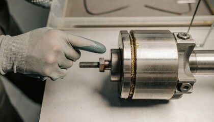 Fototapeta premium Gloved technician hand pointing at a gap in a metal mechanical assembly during inspection