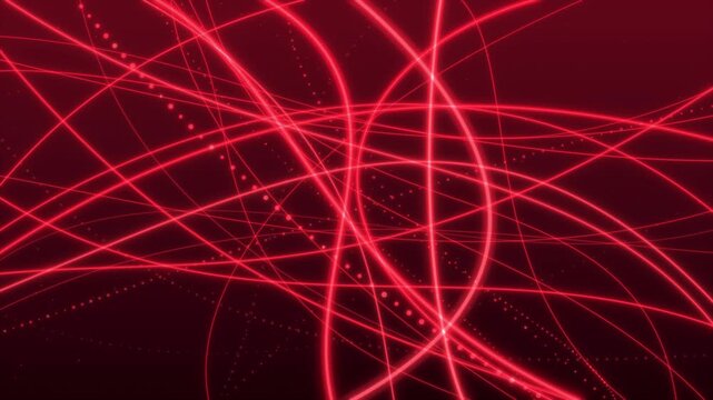 Animation of flowing glowing red lines with small particles on a dark red background. Design backdrop with flowing movement, glowing light and layered depth.