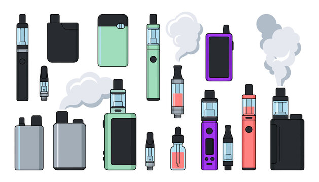  Electronic Cigarette Vape Icon Set Featuring Disposable Vape Pens, Box Mods, E-liquid Bottles, Refillable Pod Cartridges, and Vapor Smoke Clouds