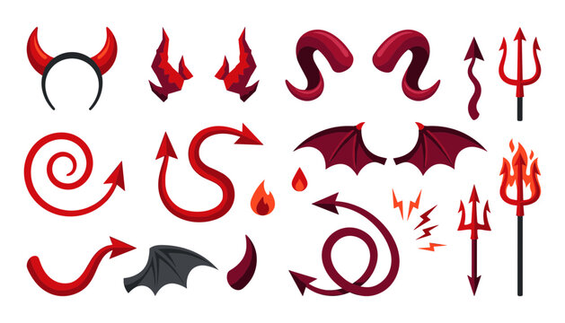 Red Devil Horns and Tail Icon Set Featuring Pitchfork Tridents, Bat Wings, and Demon Costume Accessories for Halloween Party Graphic Designs