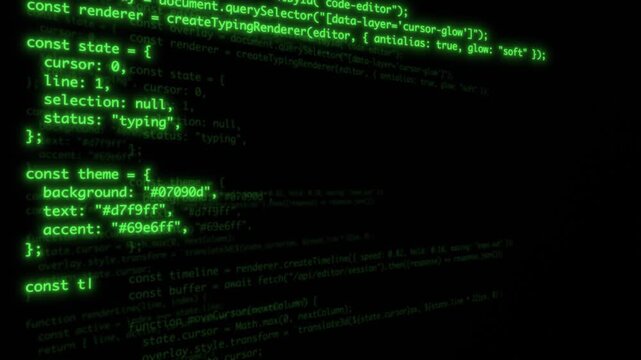 JavaScript code appears line by line with a glowing green typing effect on a dark code editor interface. Futuristic backdrop inspired by code editing and typing effect.