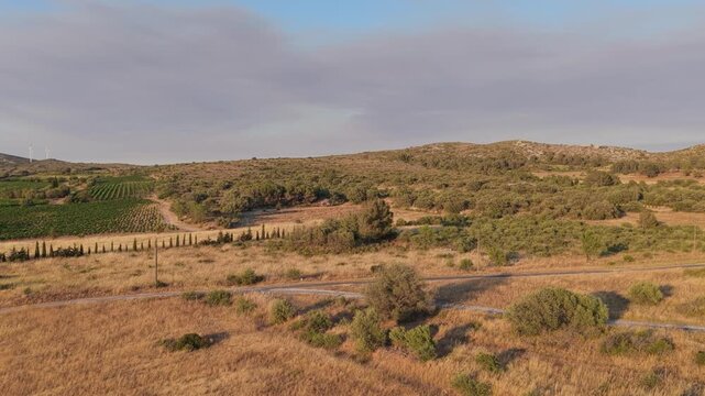 A sunlit rural landscape near Opoul Perillos, France, featuring rolling hills, agricultural fields, vineyards, olive trees, and wind turbines in the distance, aerial view.