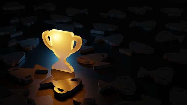 A single glowing gold trophy cup standing out among many dark grey trophies on a flat surface, symbolizing leadership and success in a competitive environment