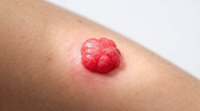 Macro shot of bright red cherry angioma hemangioma or vascular skin lesion on human skin