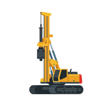 Illustration of a yellow drilling rig machine on construction site.