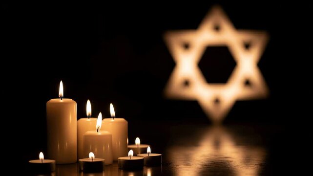 Lit candles with a glowing star of david
