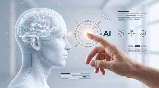 Automated decision making artificial intelligence interface touched by human hand next to robotic mind