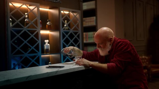 Lonely man in his 50s drinks alcohol at bar, coping with difficult life crisis