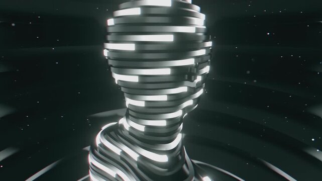 4K Seamless vj loop of abstract human bust formed by concentric horizontal tubes. Digital futuristic artificial intelligence sculpture surrounded by abstract science background.