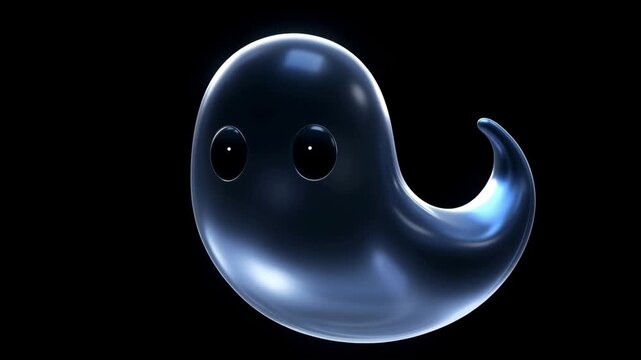 Cute glossy black ghost character floating on dark background, adorable spooky 3D animation with shiny translucent body for Halloween and fantasy themes