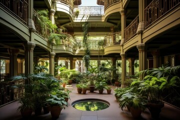 Fototapeta premium Indoor garden filling a multi story building courtyard with abundant green plants and ornate balconies