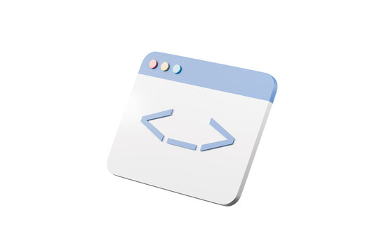 3d web coding icon. programming concept. minimal cartoon code brackets and browser window for software development. isolated on white transparent background. 3d render.
