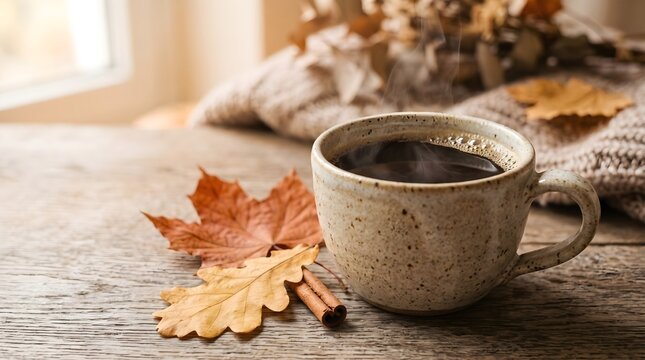 A warm cup of hot coffee surrounded by dry oak leaves and cinnamon sticks on a rustic wooden table.