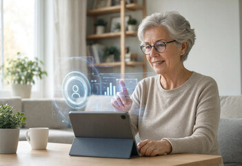 Fototapeta premium Elderly person using an AI assistant on a laptop at home, demonstrating how artificial intelligence can support seniors in everyday life. Concept of digital inclusion, accessible technology.