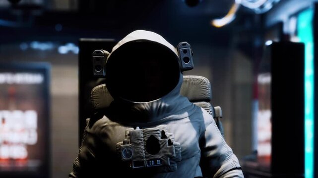 An astronaut stands inside a spacecraft preparing for a mission. The atmosphere is dimly lit with technological equipment visible. The astronaut is focused on the task ahead.