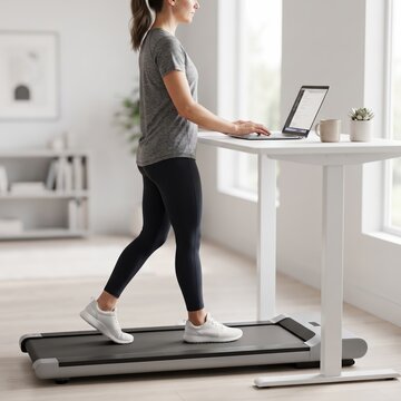 Woman exercising on under desk treadmill while working on laptop