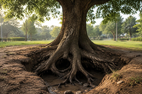 A large tree with subtly subsiding soil, its underground roots hollowed by water in morning light.