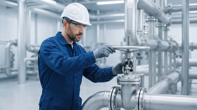 Professional Industrial Engineer Operating Valves in a Modern Factory Facility