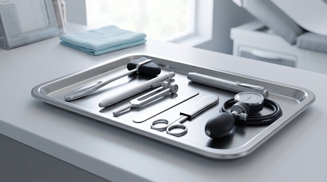 Medical instruments on a metal tray in a doctor's examination office