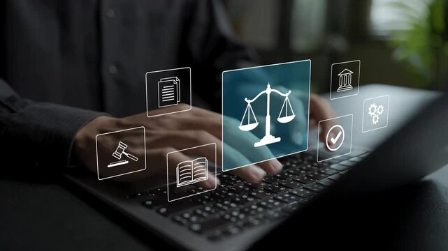 Justice and legal consultancy service concept. Person using laptop with law scale, gavel and legal document icons, online attorney advice, corporate compliance and rights protection.