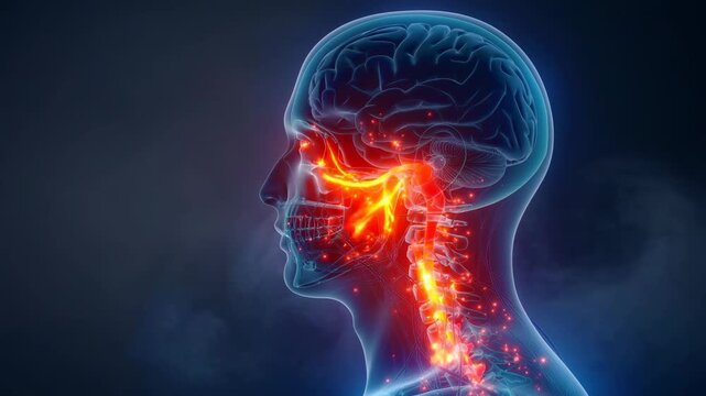 Detailed animation of the human brain and spinal cord glowing with neural activity visualization