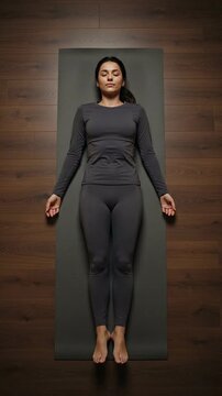 Vertical video of a calm young woman lying in corpse pose Savasana on a yoga mat on a wooden floor
